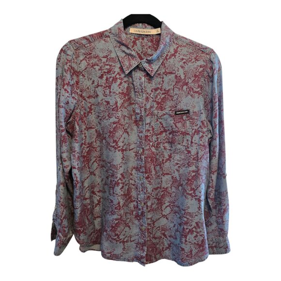 CALVIN KLEIN JEANS TENCEL BUTTON DOWN SHIRT SIZE MEDIUM BLUE MAROON ROLL UP TAB - Picture 1 of 8